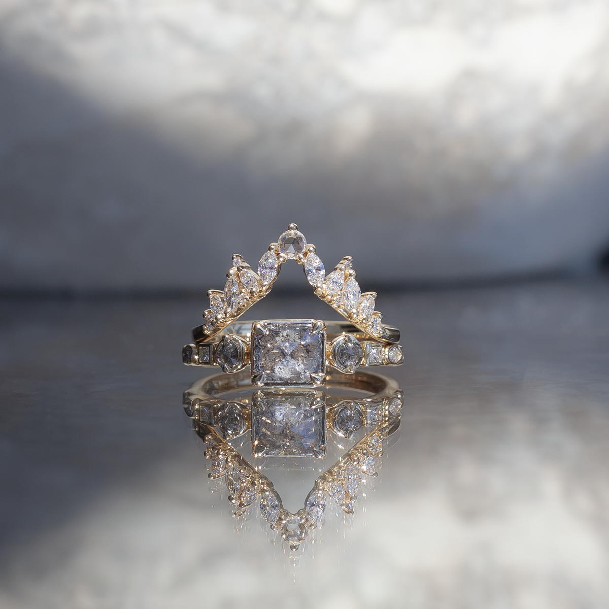 Emerald salt and pepper diamond engagement ring 14k