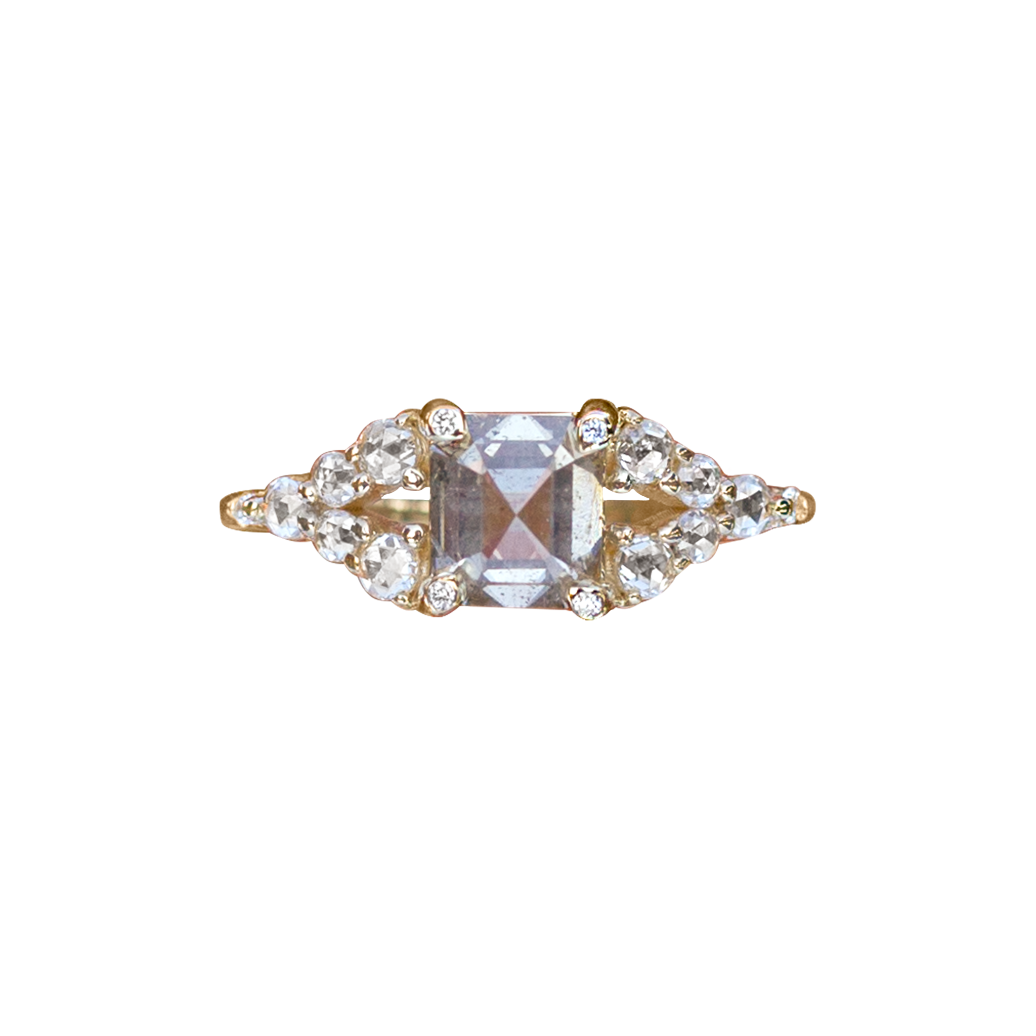 Emerald cut salt and pepper diamond engagement ring with split band, made with rose cut diamonds in 14k gold.