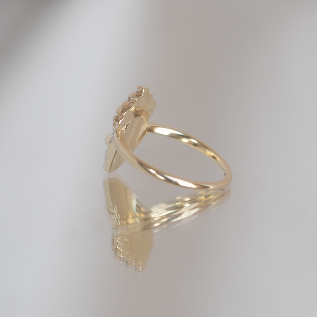 Gold face ring with diamond crown of tapered baguette diamonds, made in solid 14k solid yellow gold.