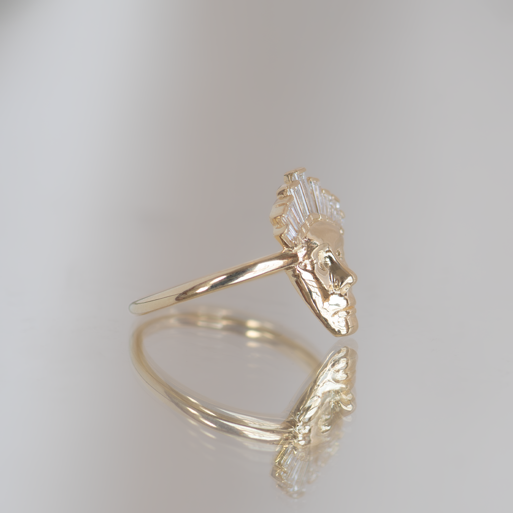 Gold face ring with diamond crown of tapered baguette diamonds, made in solid 14k solid yellow gold.