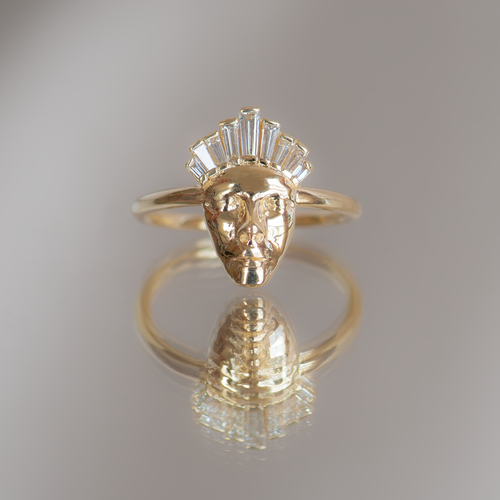 Gold face ring with diamond crown of tapered baguette diamonds, made in solid 14k solid yellow gold.