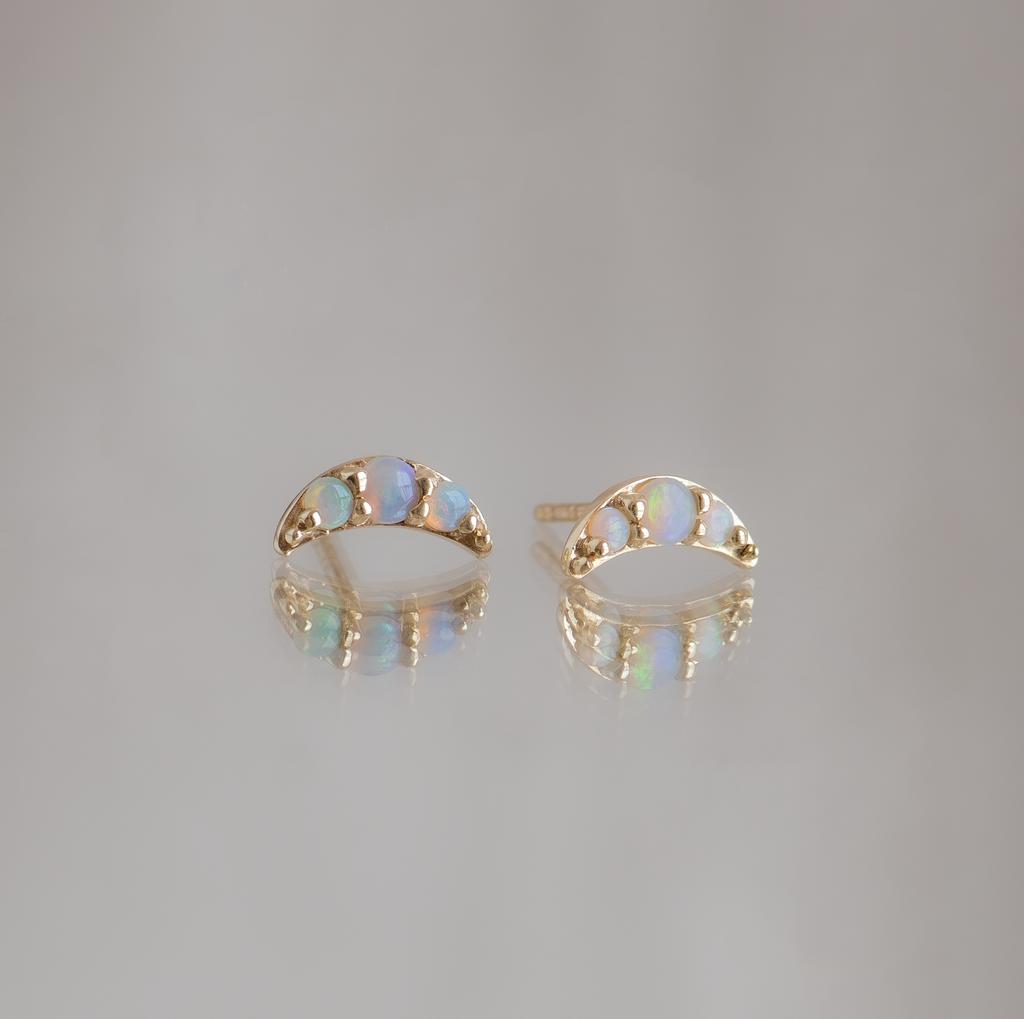 Half moon opal everyday earrings, made in 10k yellow gold.