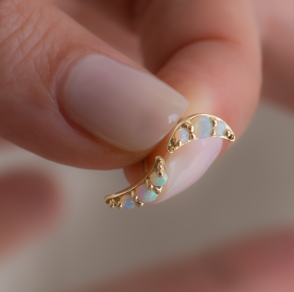 Half moon opal everyday earrings, made in 14k yellow gold.