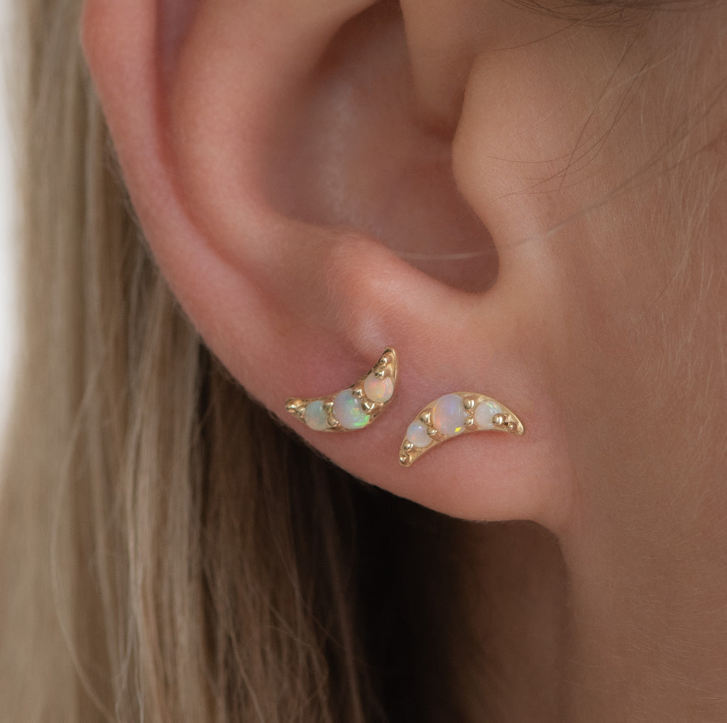 Half moon opal everyday earrings, made in 14k yellow gold.