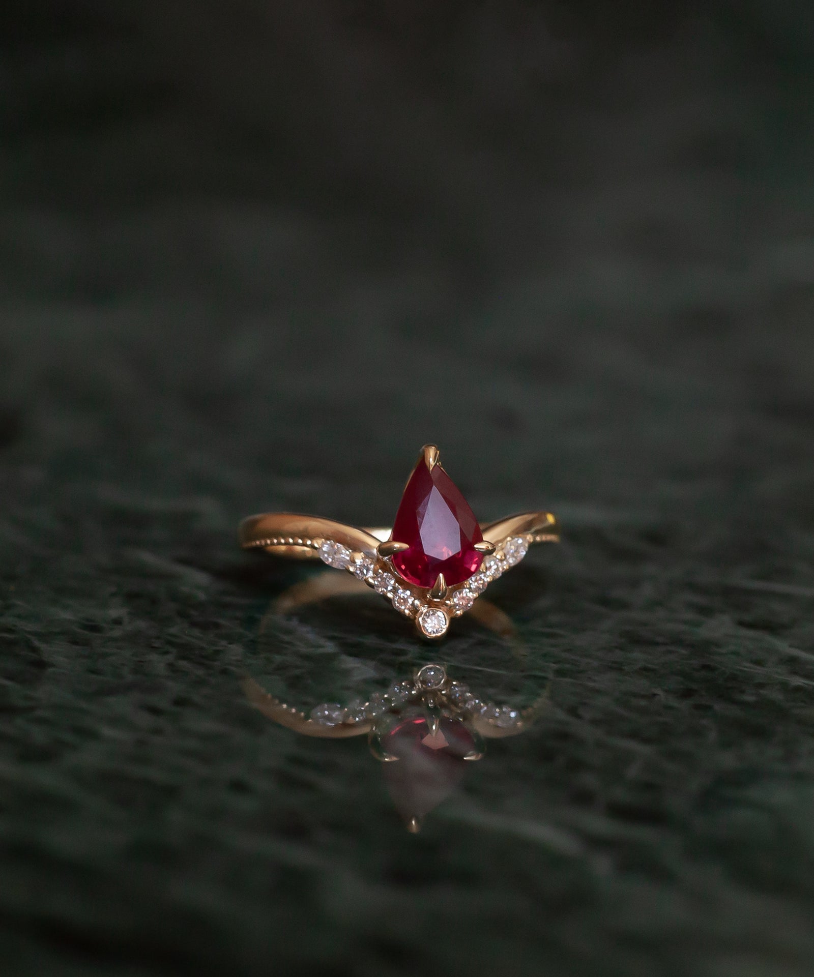 Pear ruby engagement ring 14k yellow gold