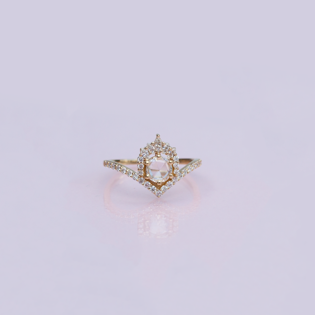 Unique round rose cut diamond engagement ring, with a white diamond crown and a pave v chevron band, made in solid 14k or 18k yellow gold.