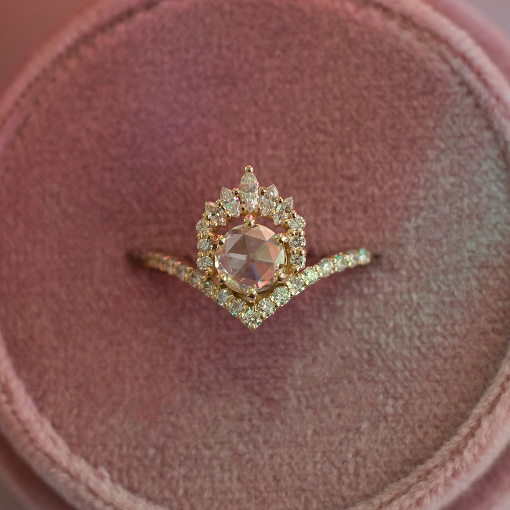 Unique round rose cut diamond engagement ring, with a white diamond crown and a pave v chevron band, made in solid 14k or 18k yellow gold.