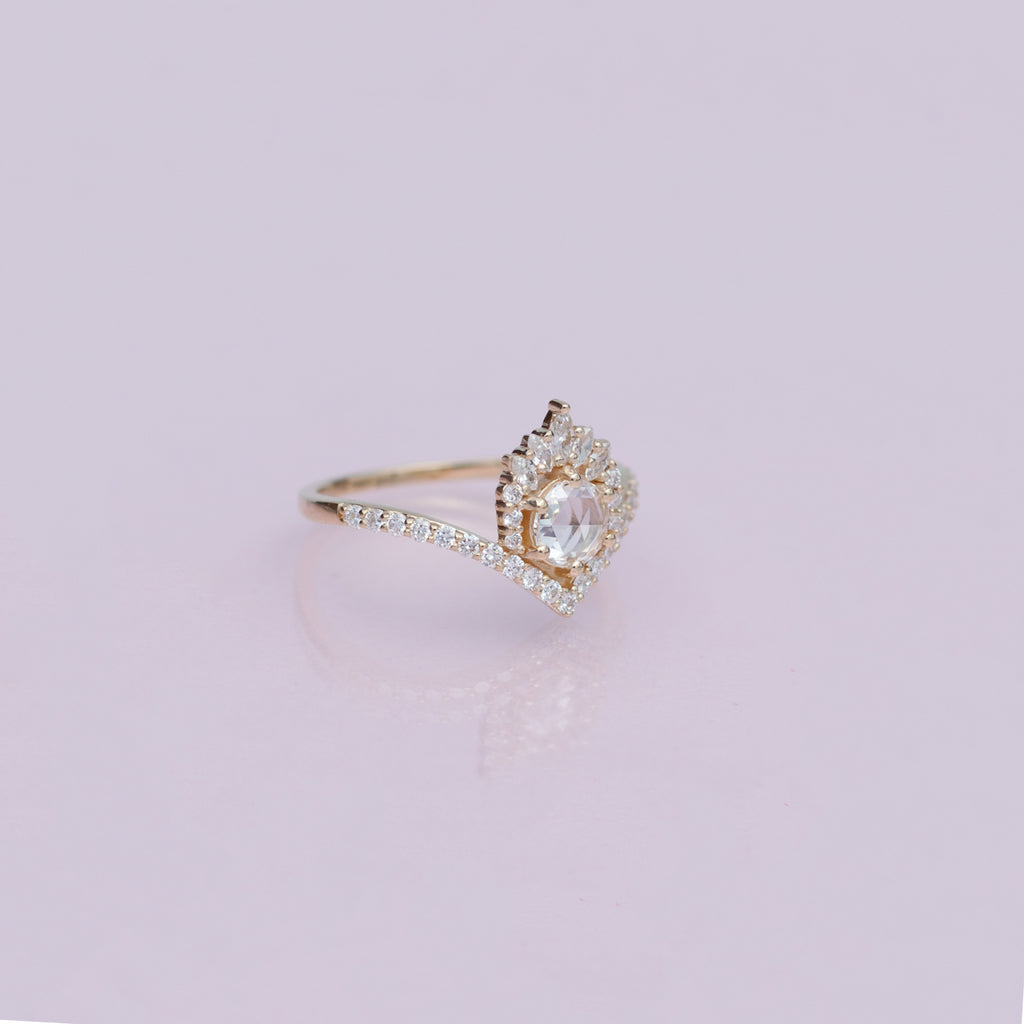 Unique round rose cut diamond engagement ring, with a white diamond crown and a pave v chevron band, made in solid 14k or 18k yellow gold.