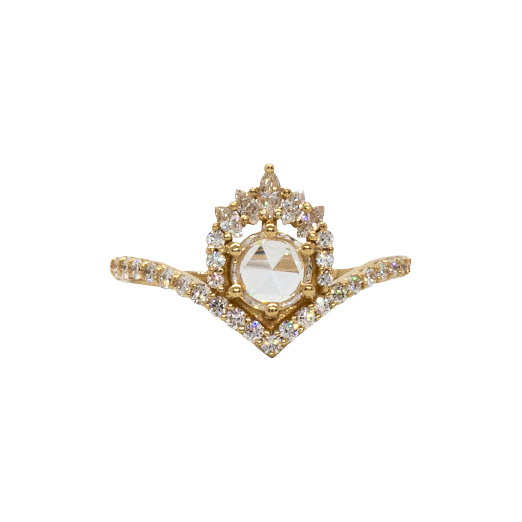 Unique round rose cut diamond engagement ring, with a white diamond crown and a pave v chevron band, made in solid 14k or 18k yellow gold.