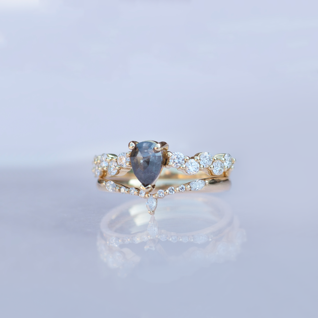 Unique salt and pepper rose cut pear diamond engagement ring, on a diamond cluster band, prong setting, made in 14k or 18k yellow gold.