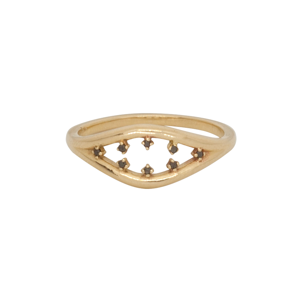 Inspired by the evil eye, split double band everyday gold ring with black diamonds, made in 14k or 18k gold.