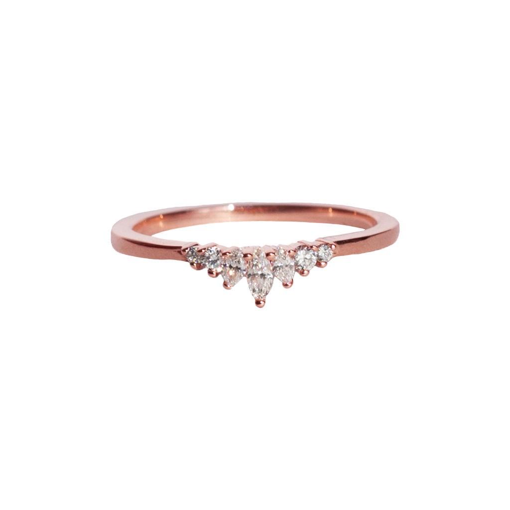 Delicate diamond crown wedding band, with gengle countour, to trace any engagement ring style. Meant to be stacked with an engagement ring or worn on it's own. Made in 14K rose gold.