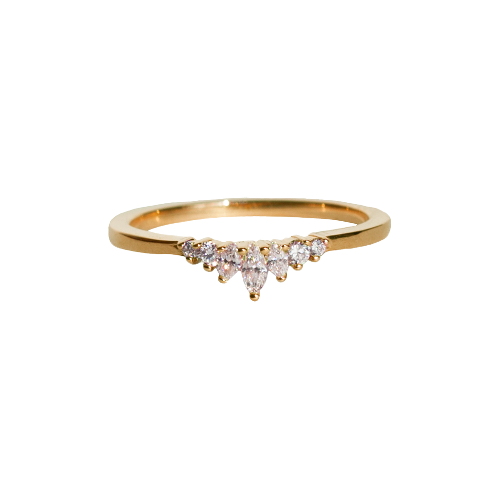 Delicate diamond crown wedding band, with gengle countour, to trace any engagement ring style. Meant to be stacked with an engagement ring or worn on it's own. Made in 14K yellow gold.